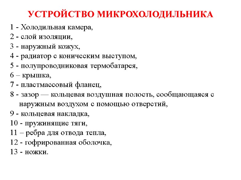 УСТРОЙСТВО МИКРОХОЛОДИЛЬНИКА 1 - Холодильная камера,  2 - слой изоляции,  3 -